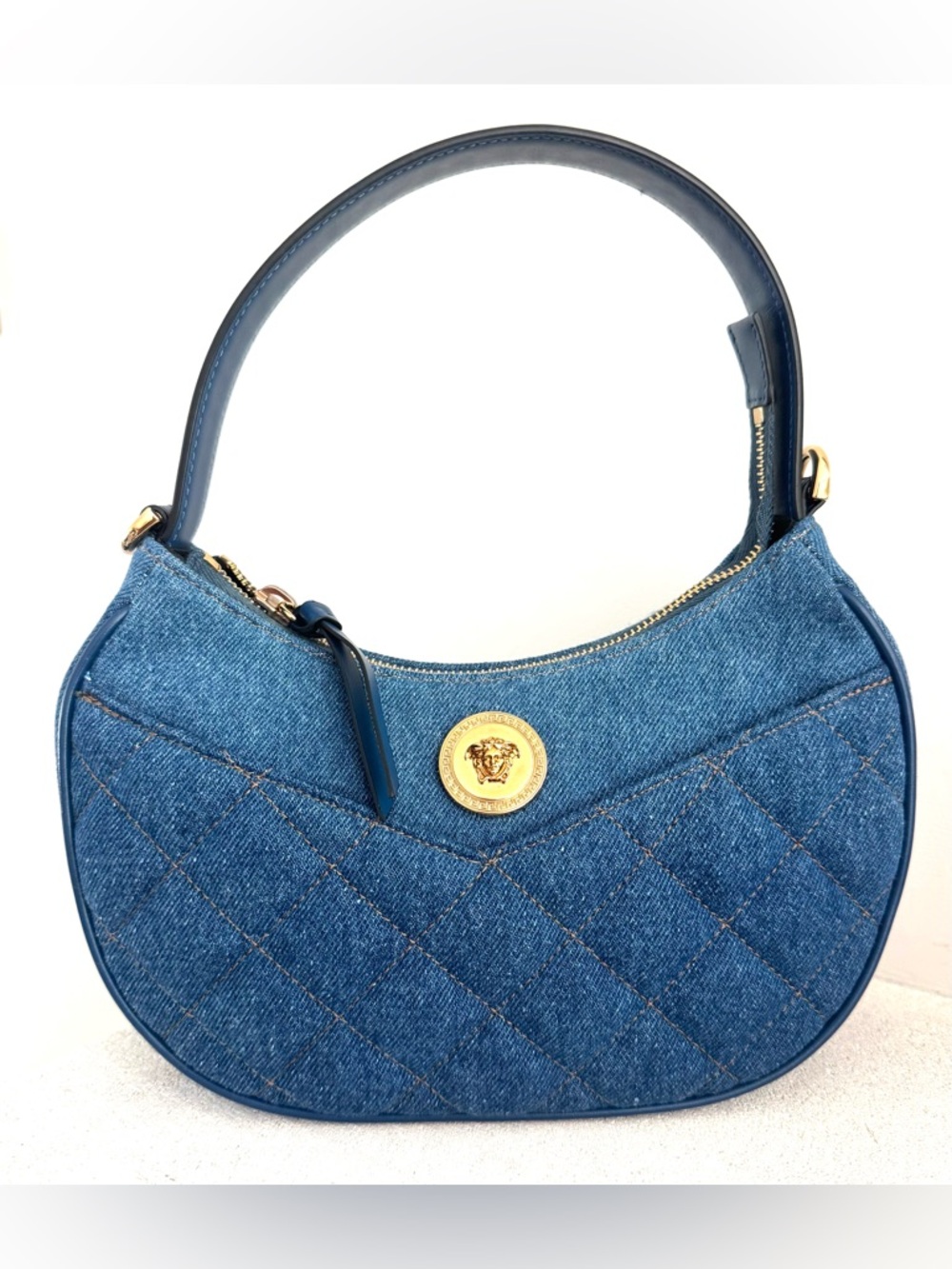 VERSACE NWT Denim Medusa Quilted 2-Way Shoulder Crossbody Bag Blue Gold - Picture 10 of 13